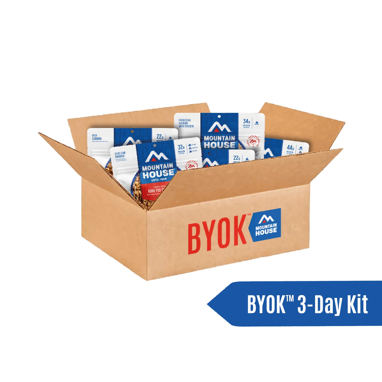 Build your own 72-hour kit cardboard box with various Mountain House pouches inside