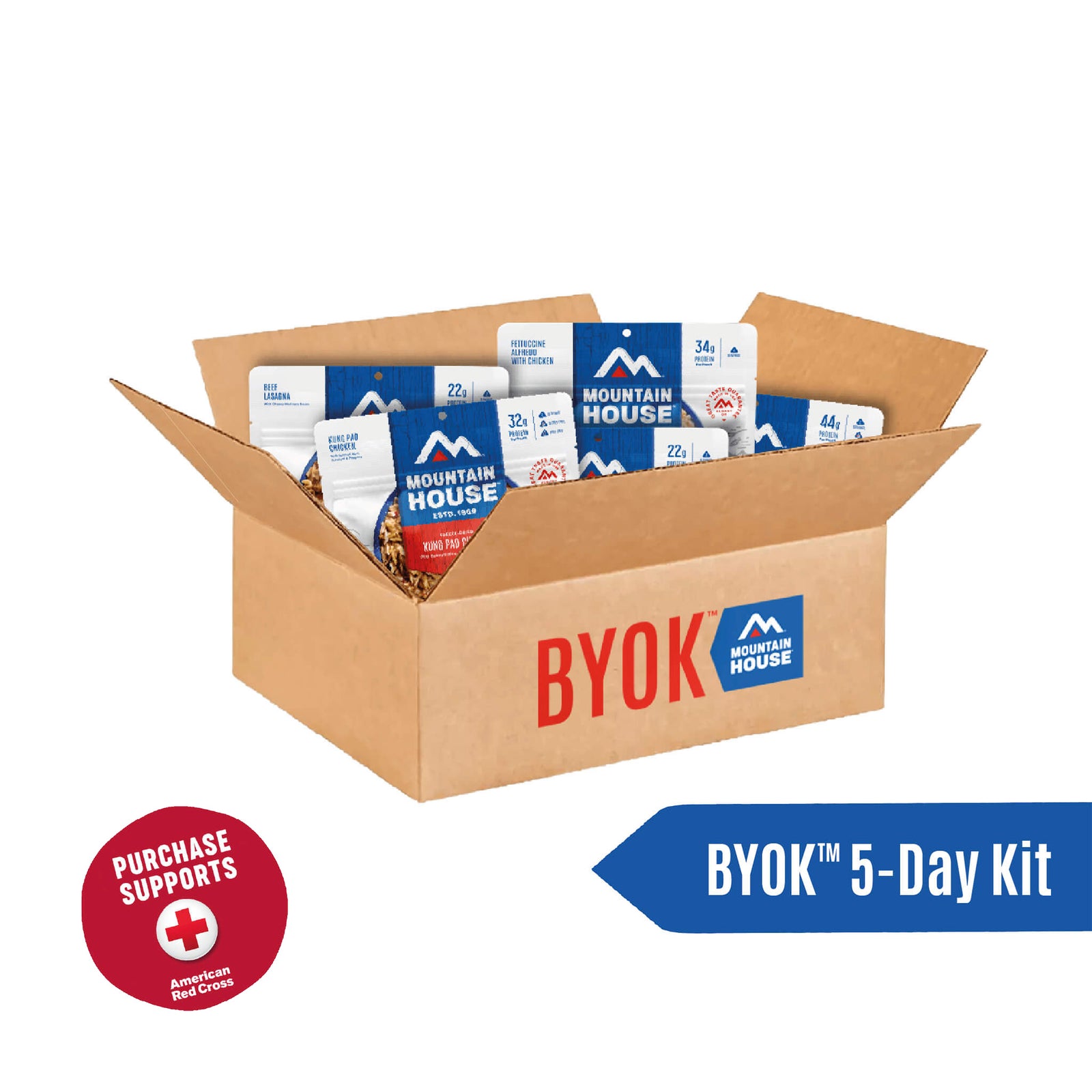 Mountain House BYOK™ 5-Day Kit on a white background with a red circle that says purchase supports American Red Cross