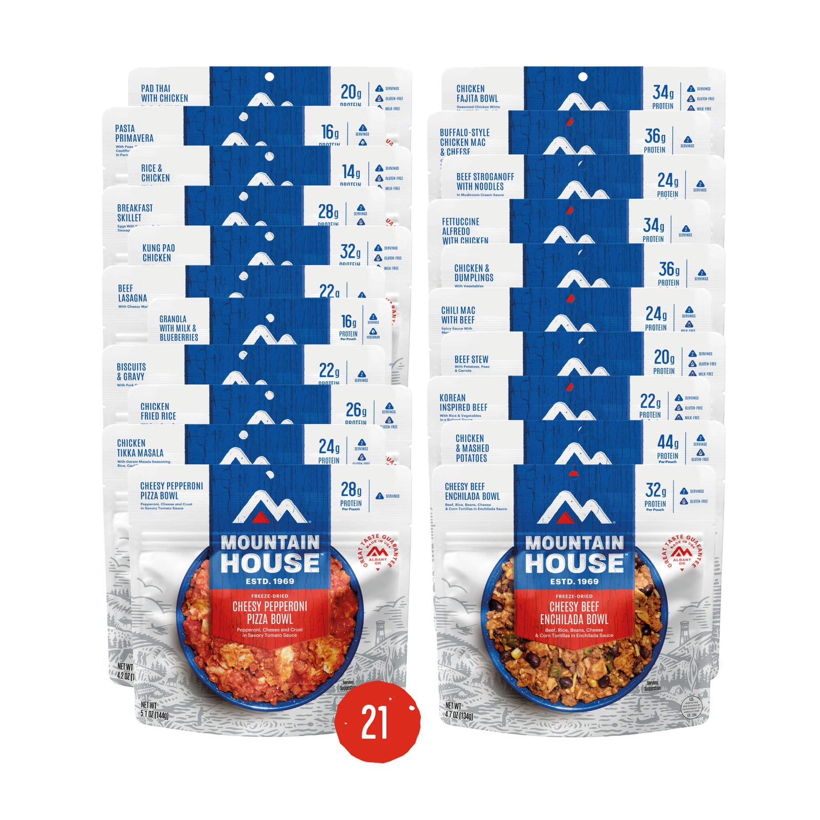 Build your own 7-day kit cardboard box with various Mountain House pouches inside