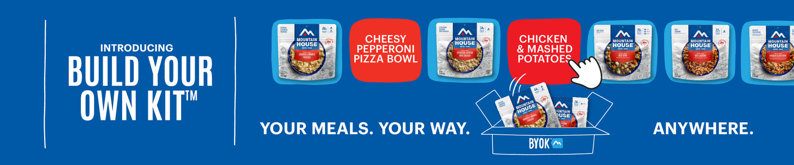 Text reads, "Introducing Build Your Own Kit™" with various Mountain House pouches being hand selected into a box. Other text reads, "Your Meals. Your Way. Anywhere." over a blue background.