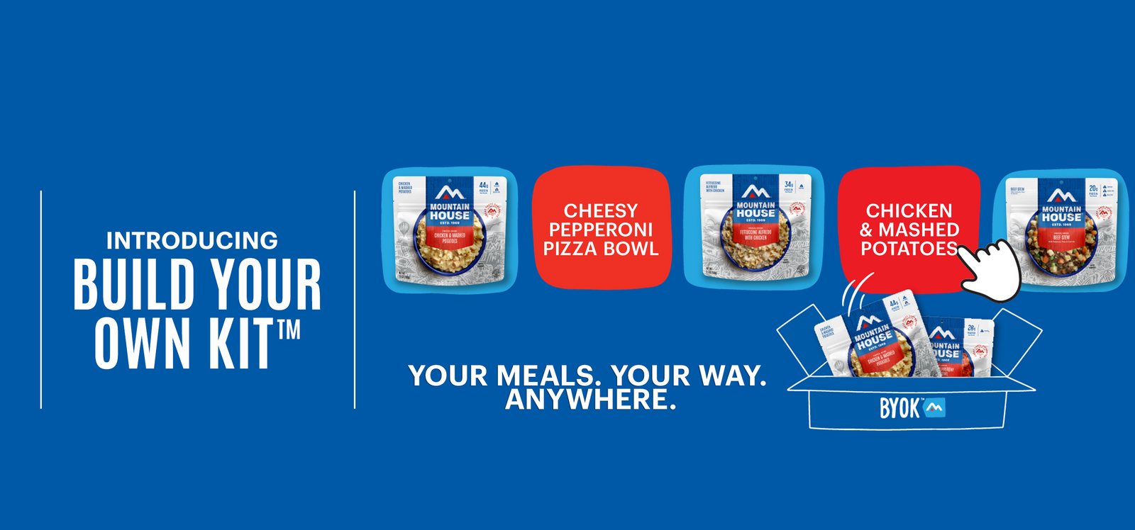Various Mountain House meals being hand selected and placed in box. Text reads, "Introducing Build Your Own Kit™. Your Meals. Your Way. Anywhere." over a blue background.