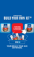 Various Mountain House meals being hand selected and placed in box. Text reads, "Introducing Build Your Own Kit™. Your Meals. Your Way. Anywhere." over a blue background.