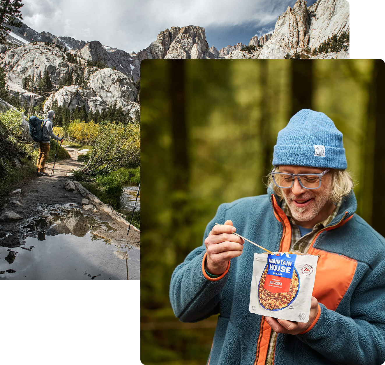 Hiker on a mountain trail with a scenic view and a person eating from a Mountain House food pouch in the forest.