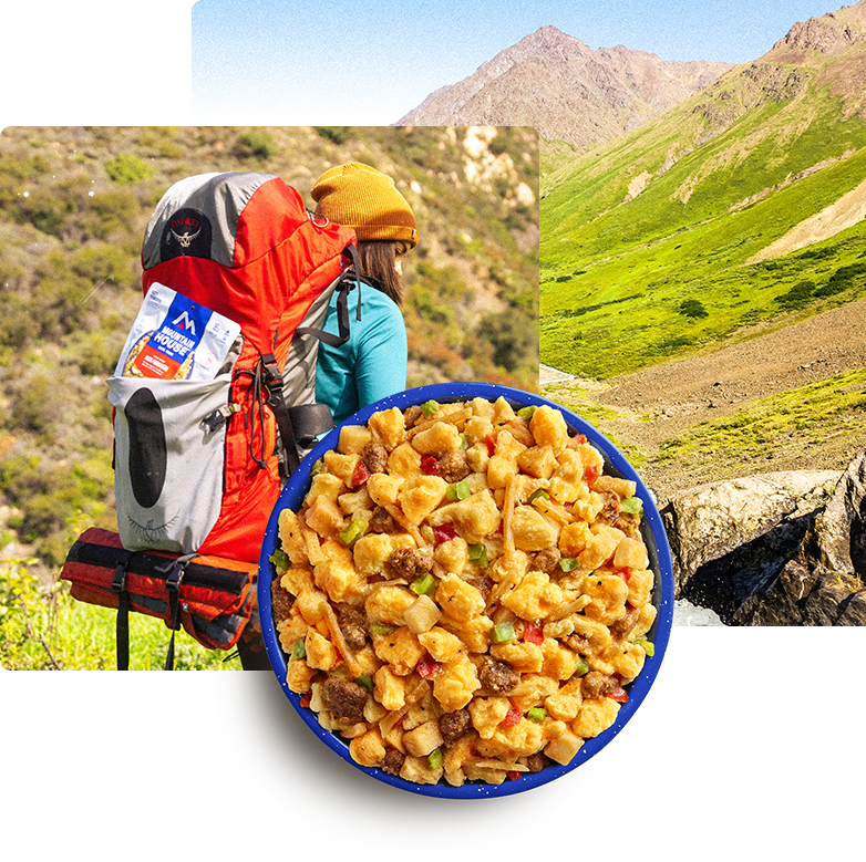 Mountain House meal in a bowl and a woman hiking with a backpack holding a Mountain House meal pouch