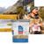 Moutain House Essential Meal Assortment Bucket and a man standing in wilderness with a Mountain House pouch in hands