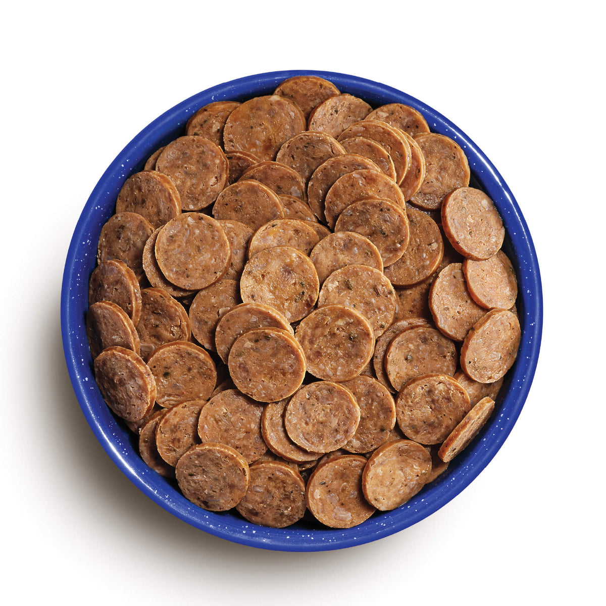 Andouille Pork Slices rehydrated in a blue camping bowl.