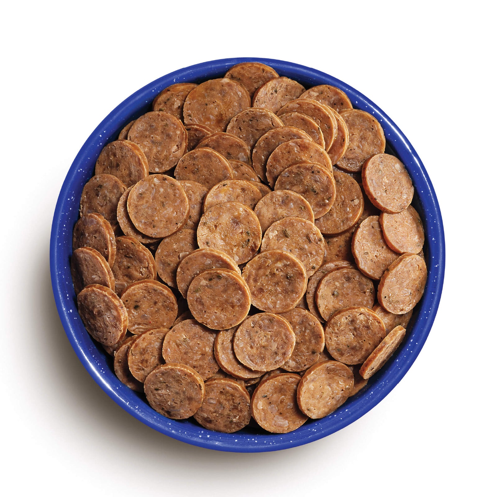 Andouille Pork Slices rehydrated in a blue camping bowl.