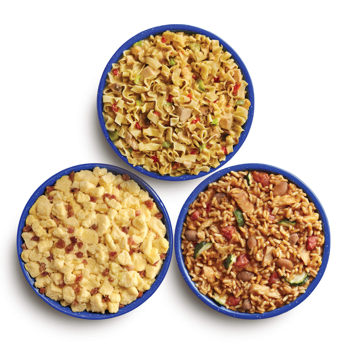 Three blue camping bowls filled with various Mountain House meals