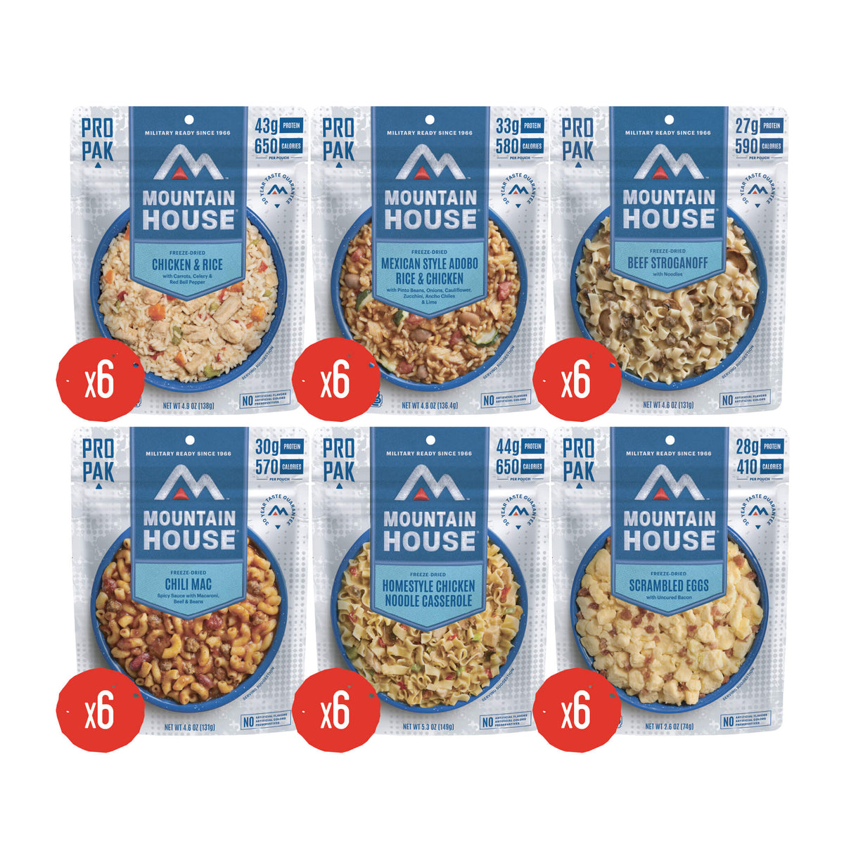 Front view of 6 Mountain House Pro-Paks with "x6" quantity badges