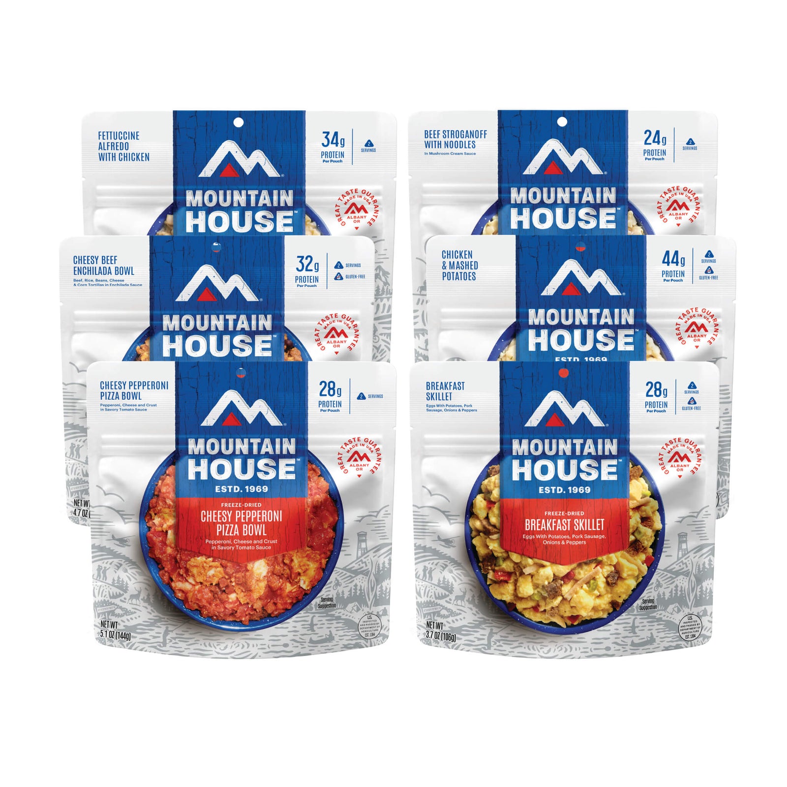 Six best-selling Mountain House freeze-dried meal pouches on a white background
