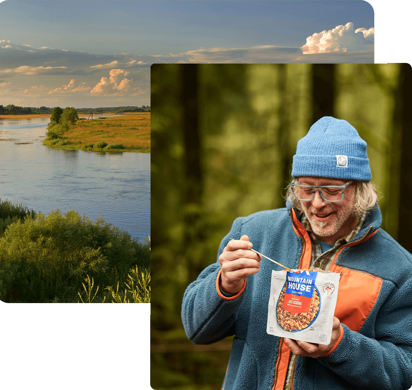 Person eating from a Mountain House pouch outdoors with a scenic river background