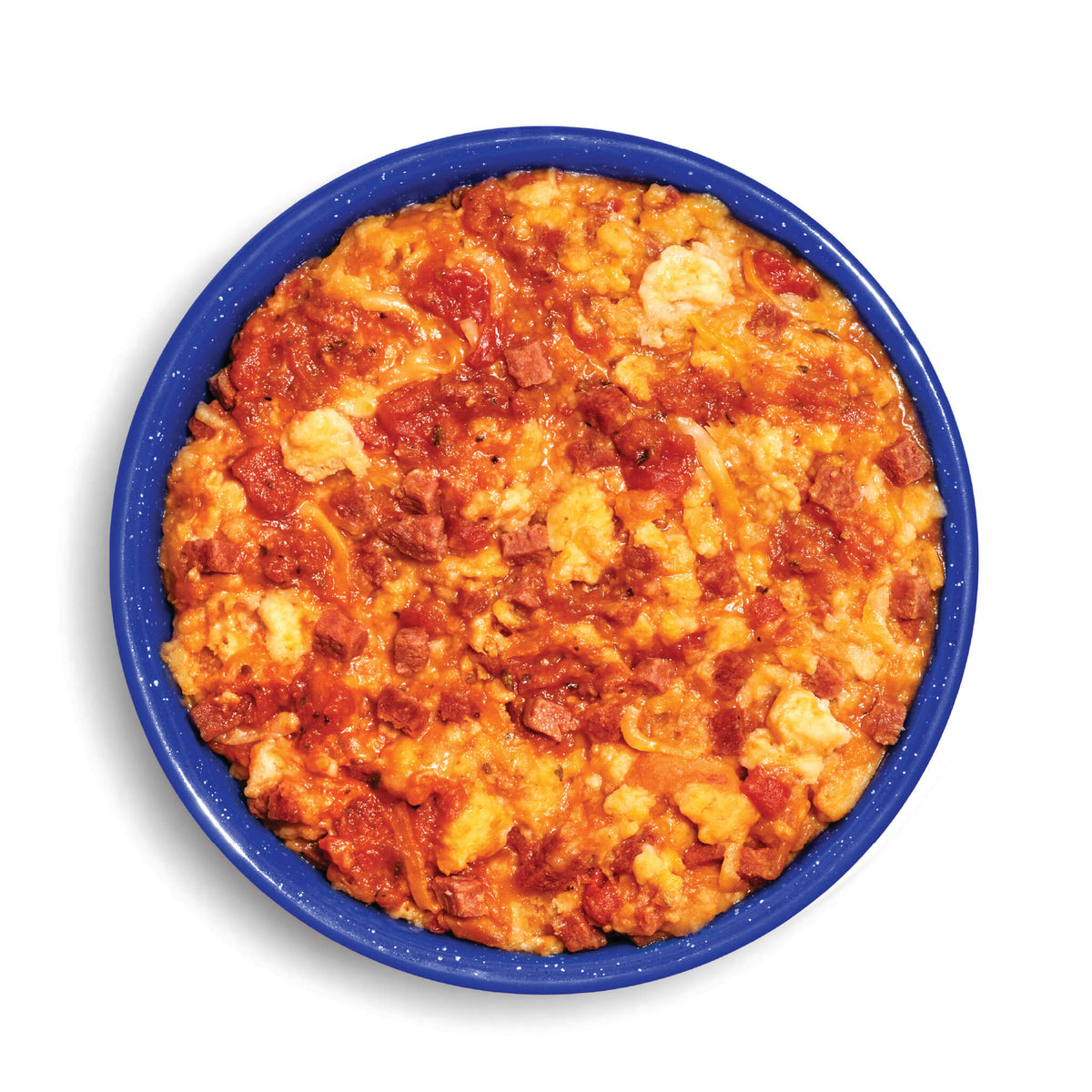 Cheesy Pepperoni Pizza prepared in a blue camping bowl on a white background
