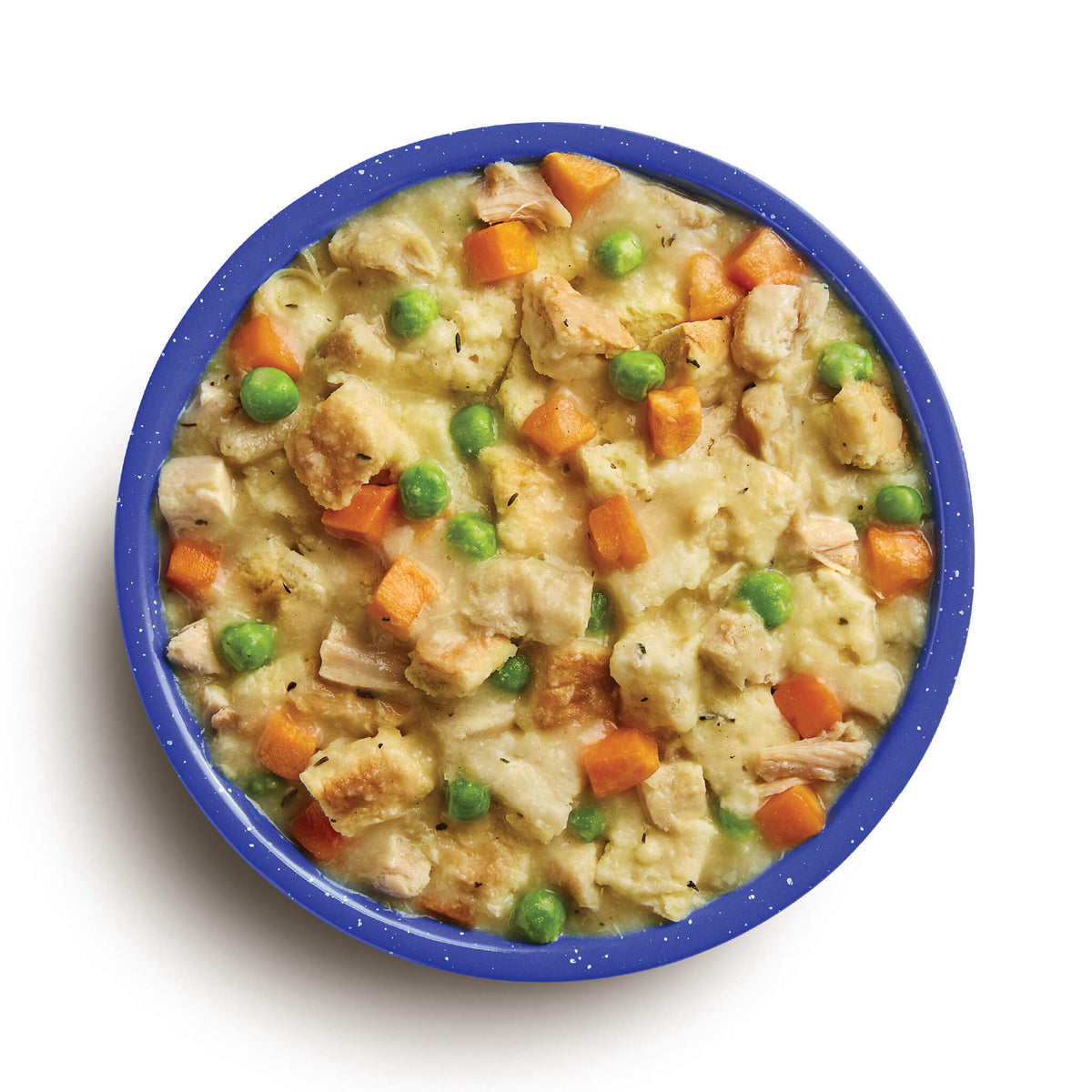 Blue bowl of chicken and dumplings on a white background