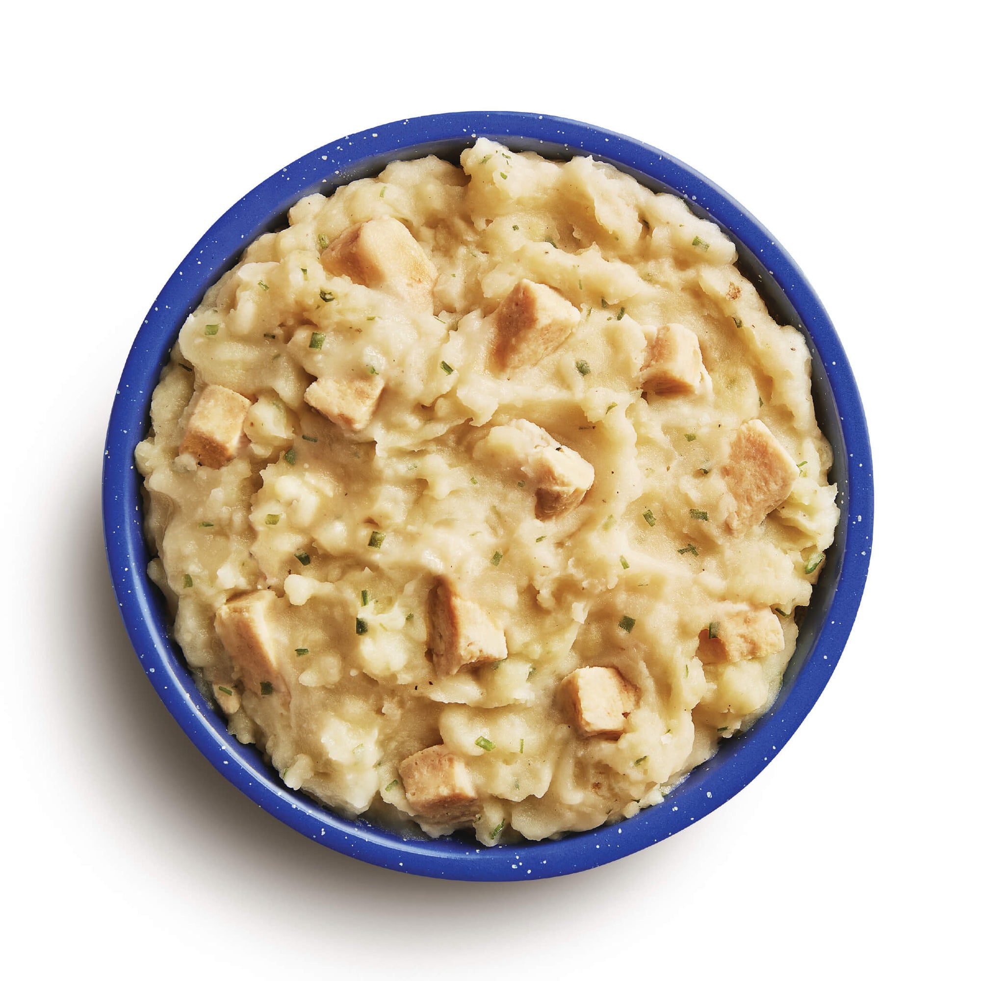 Mountain House can of chicken and mashed potatoes on a white background