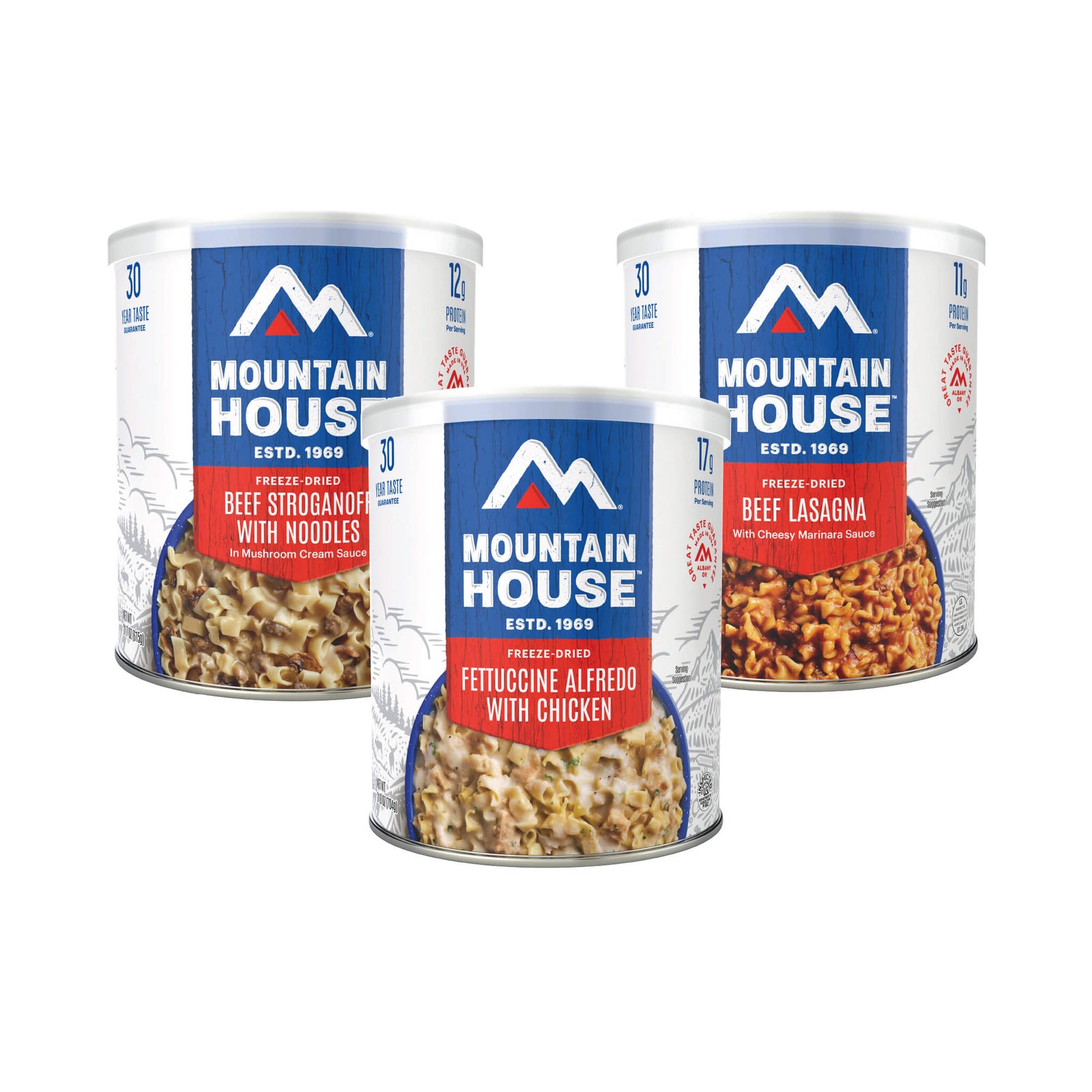 Front view of three #10 Cans freeze-dried meals.