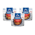 Front view of three Mountain House pouches.