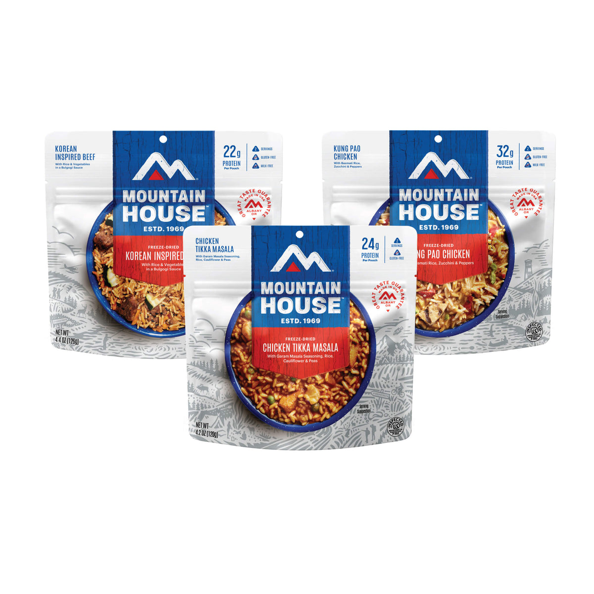 Front view of three Mountain House pouches.