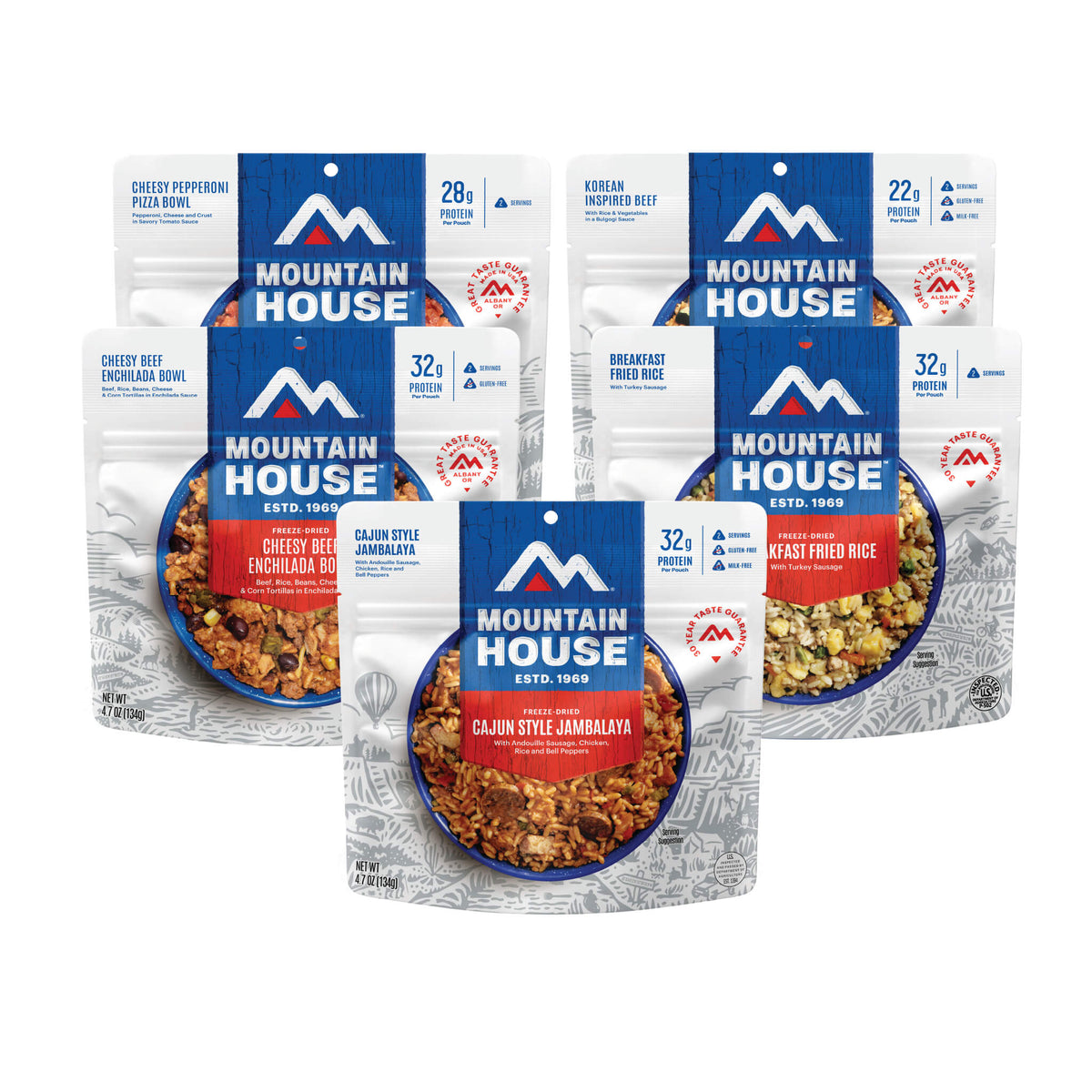 Five Mountain House pouches on a white background