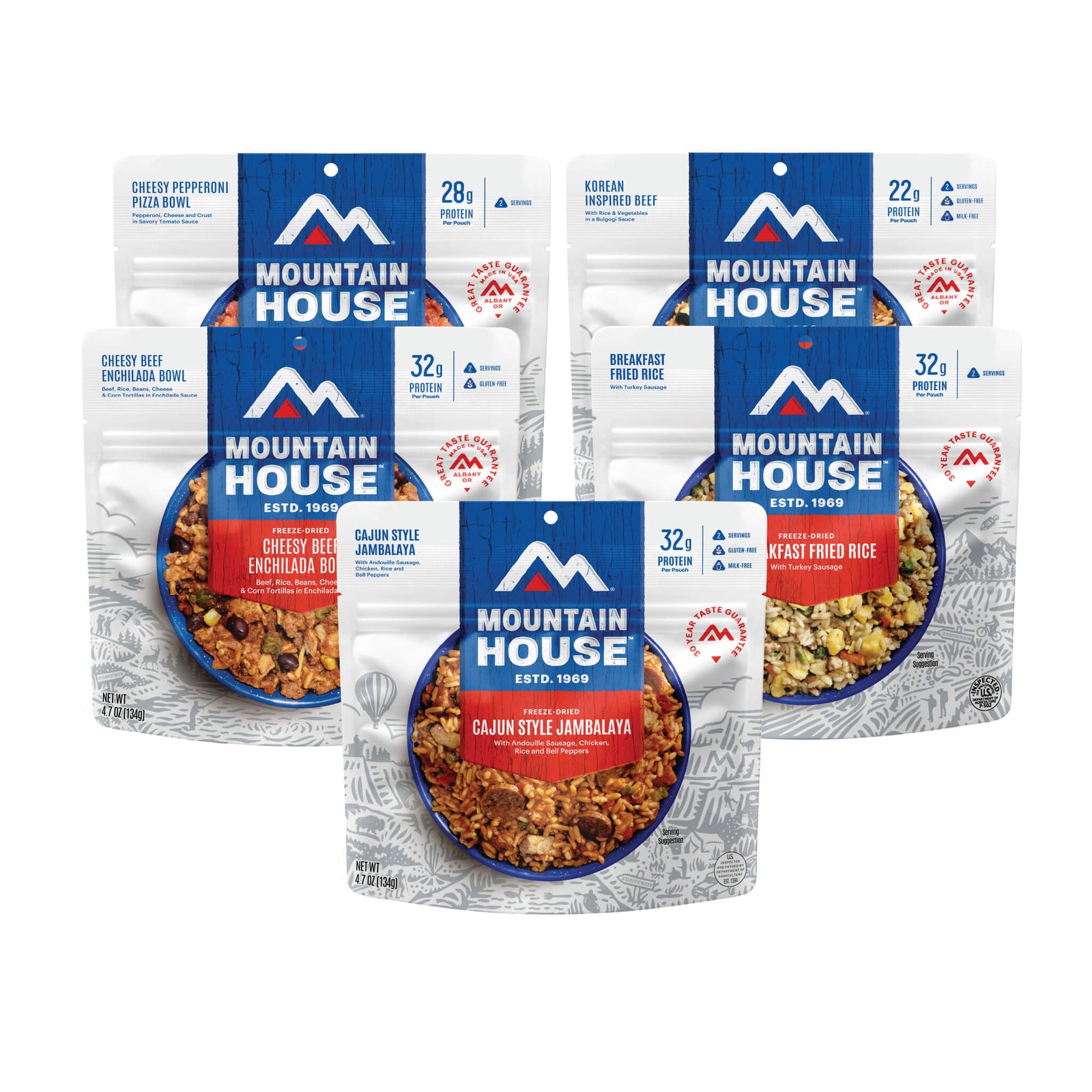 Five Mountain House pouches on a white background