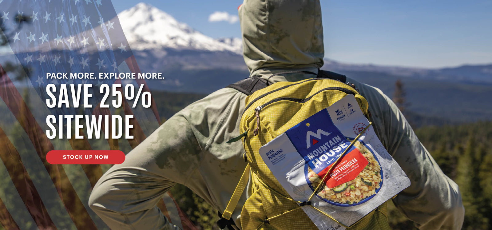 Person with yellow backpack and Mountain House pouch, with text promoting a 25% off sitewide sale.