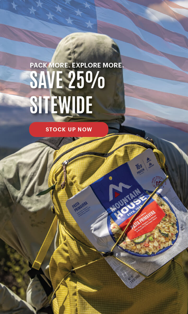 Person with yellow backpack and Mountain House pouch, with text promoting a 25% off sitewide sale.