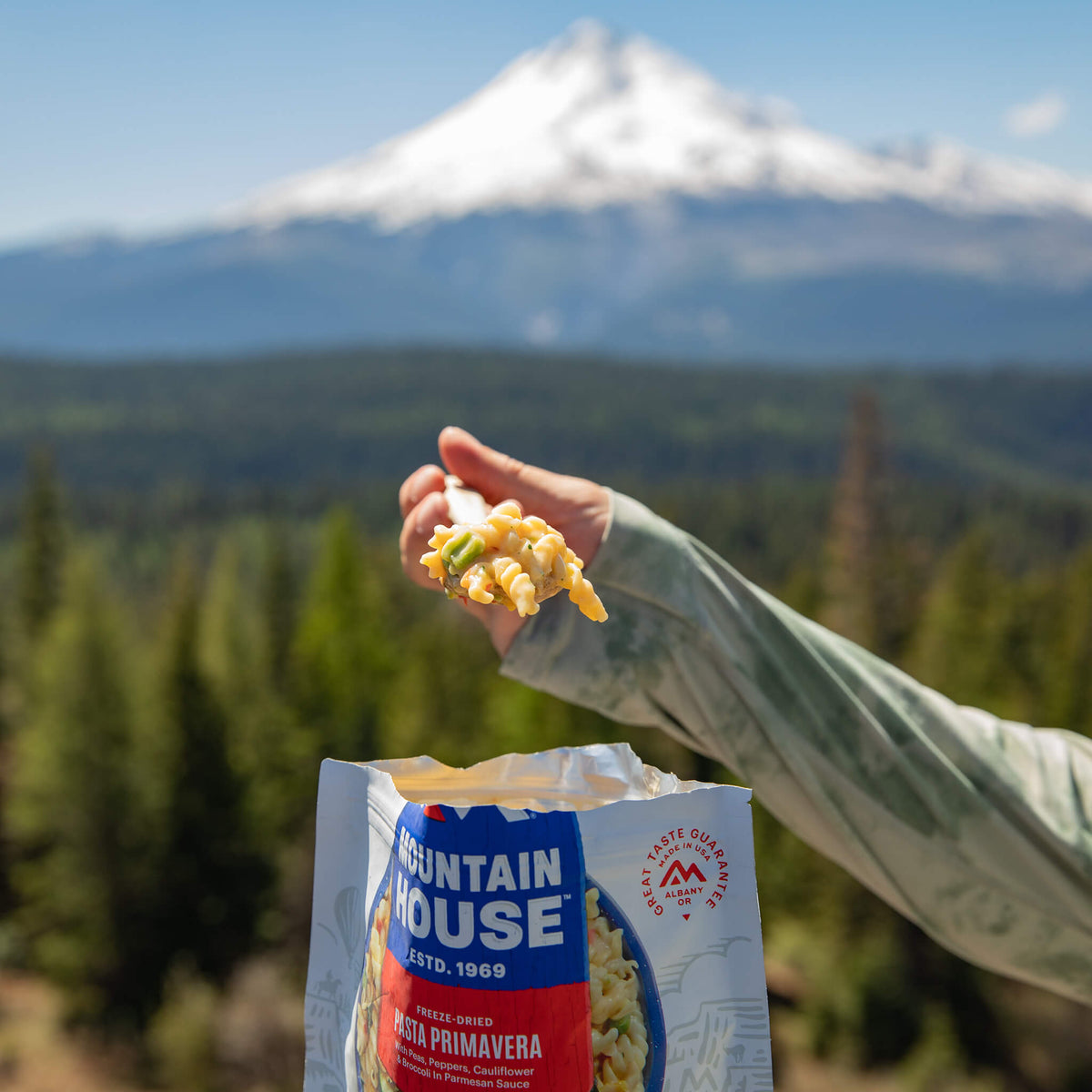 Spoonful of Pasta Primavera with mountain background