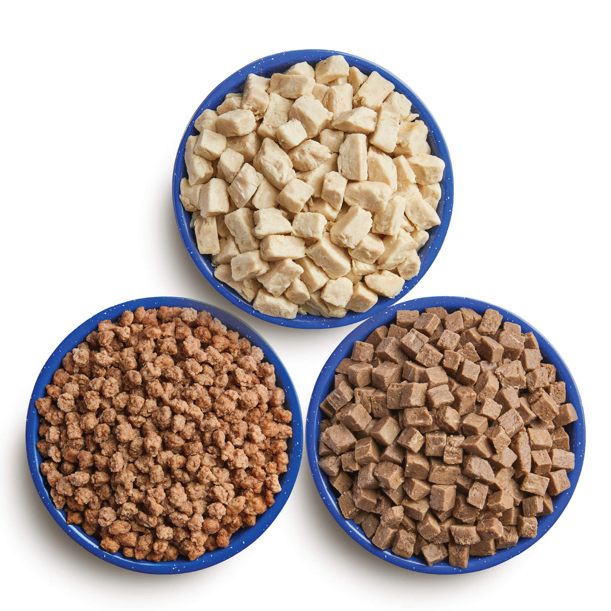 Three blue bowls filled with various proteins.