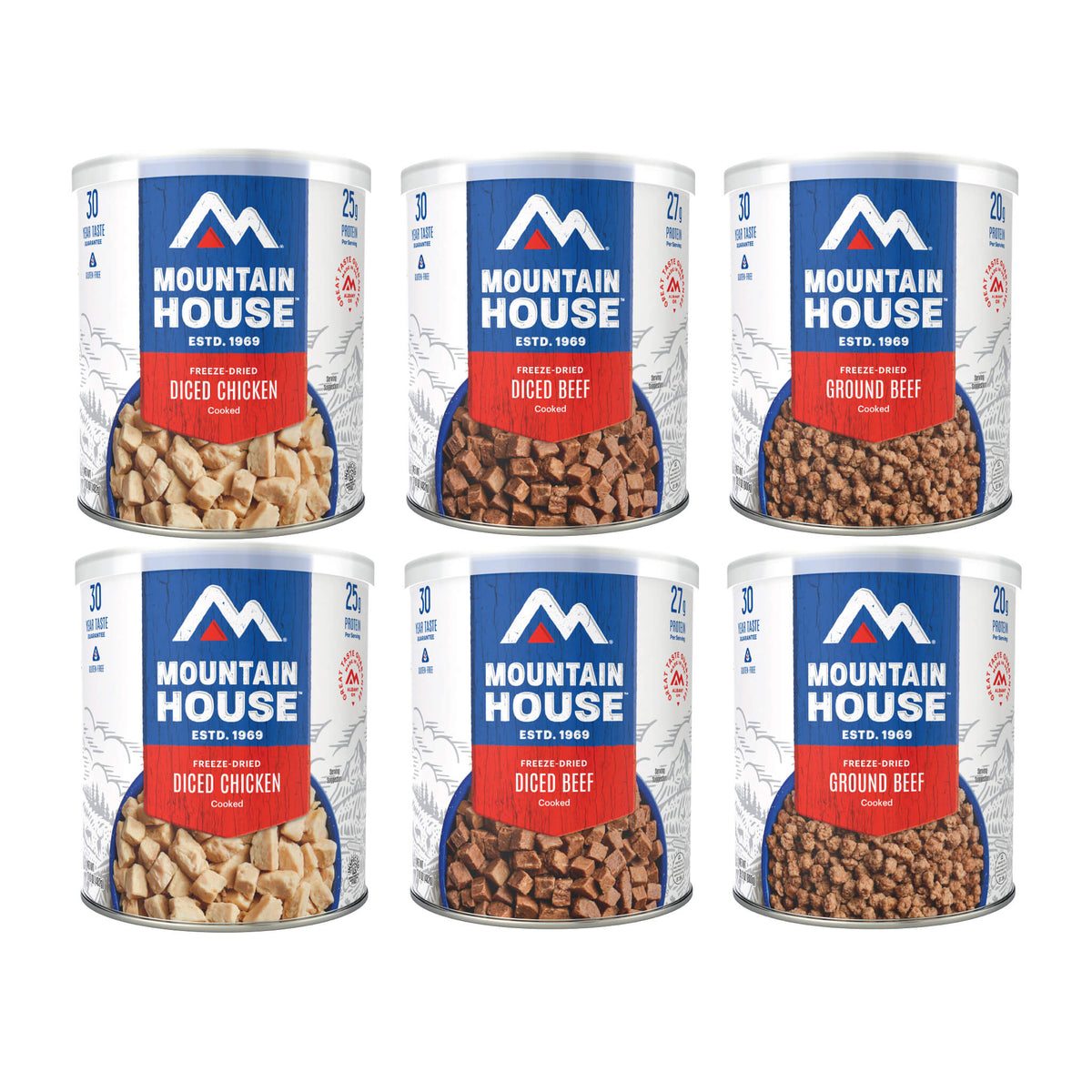 Front view of six #10 Cans of Mountain House protein