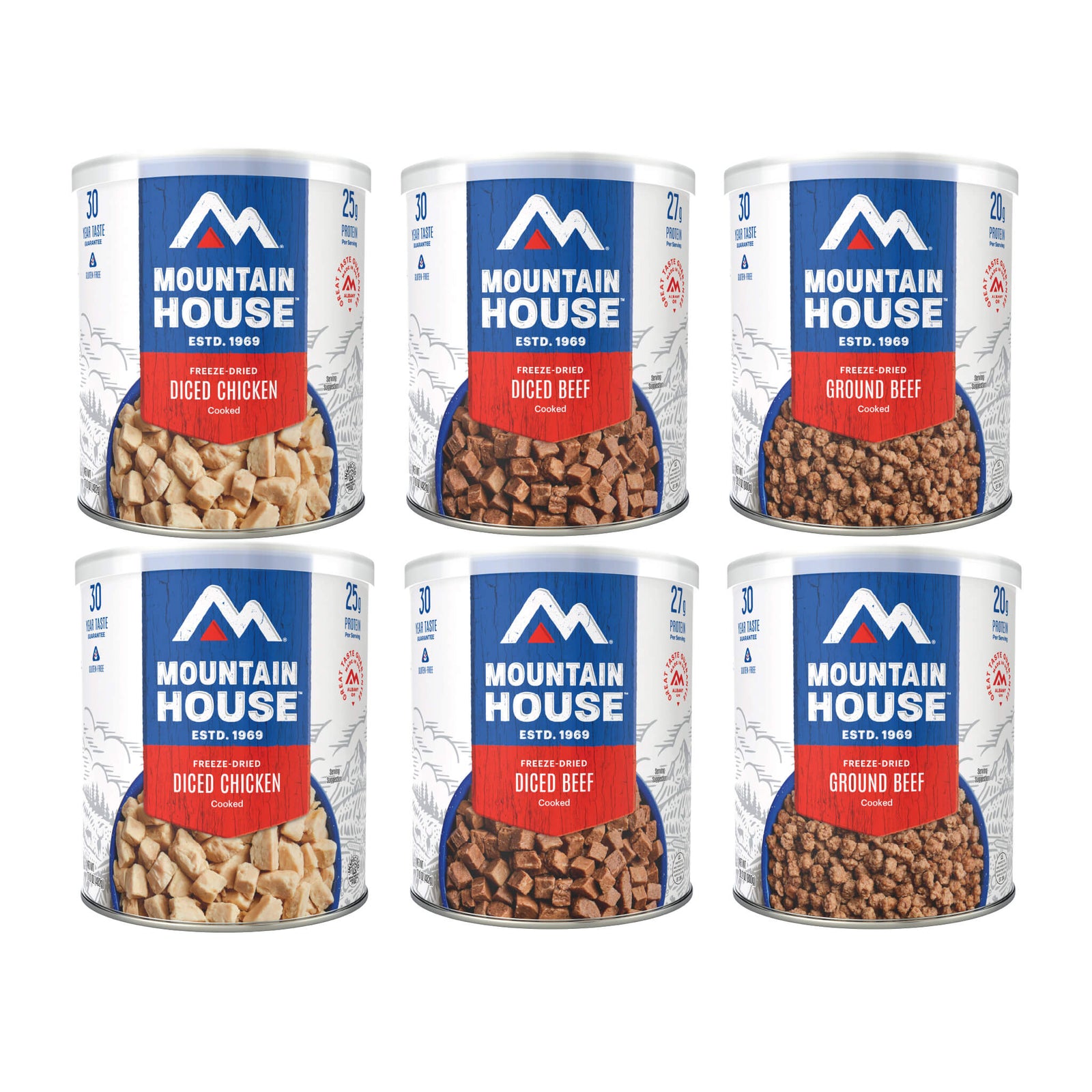Front view of six #10 Cans of Mountain House protein