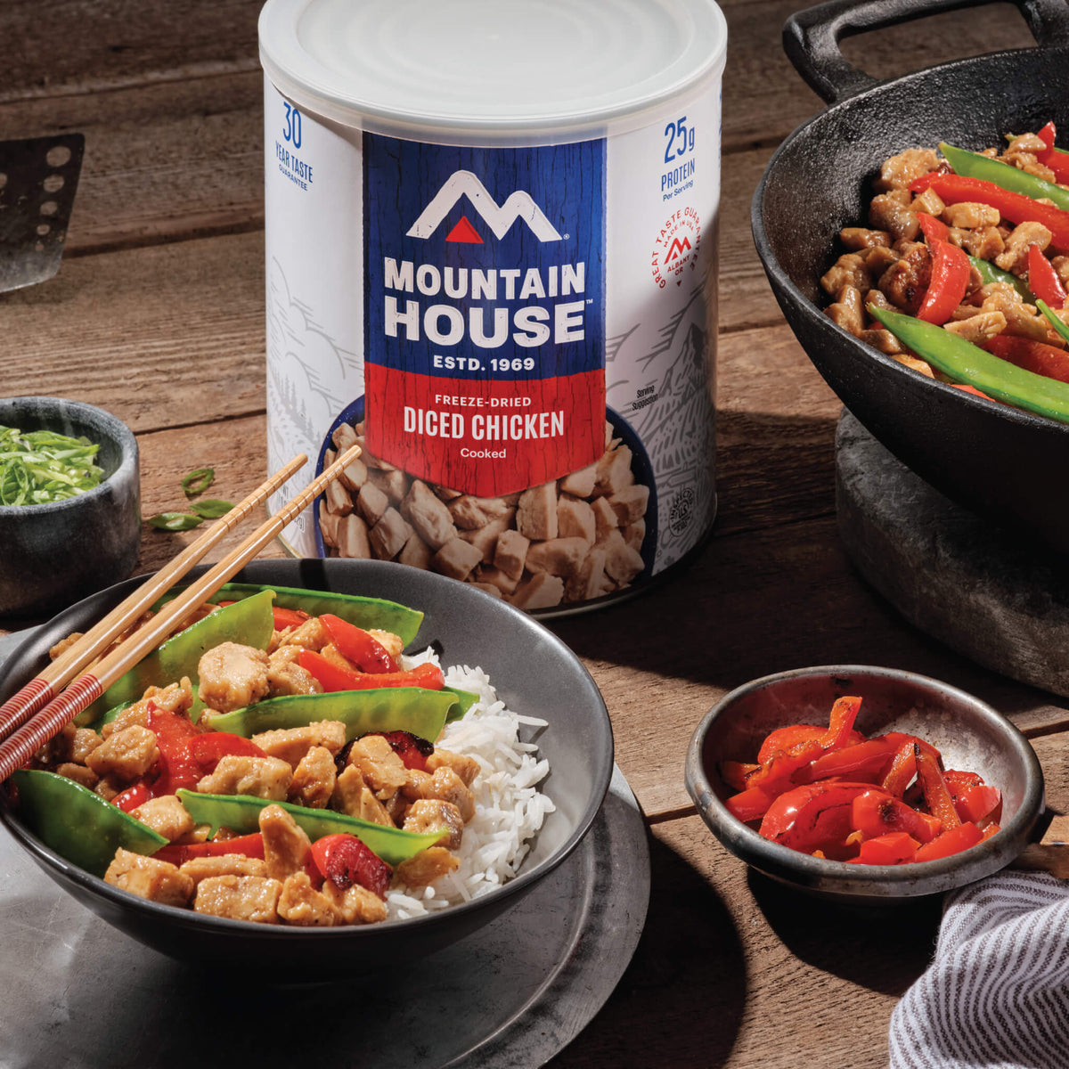 Diced Chicken #10 Can on counter next to stir-fry.