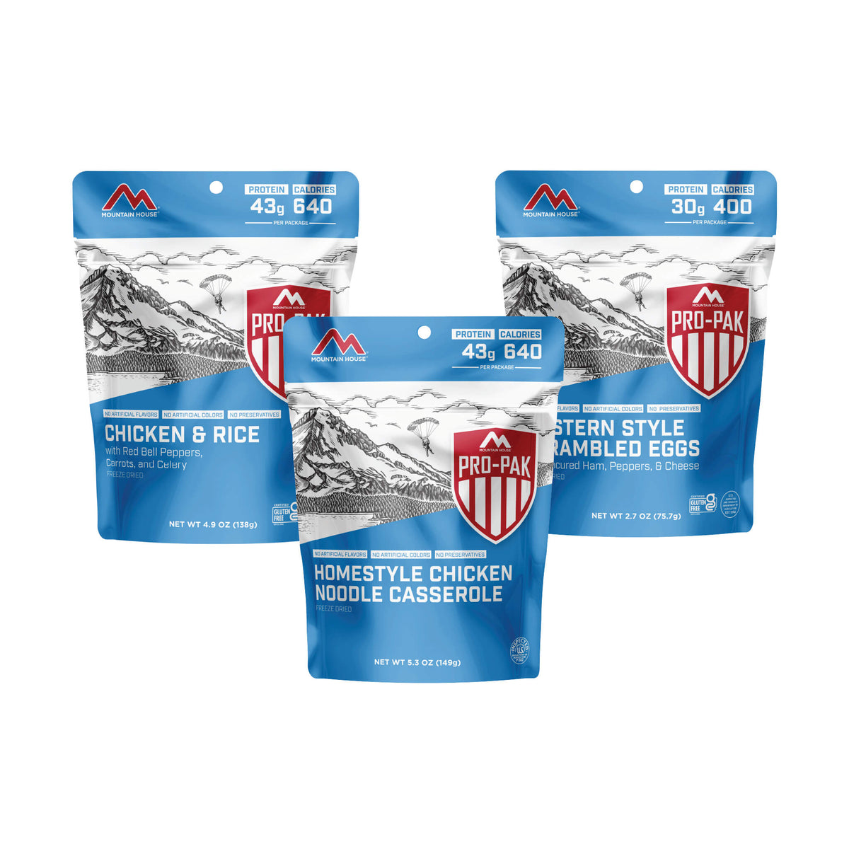 Three Mountain House Pro-Paks on a white background