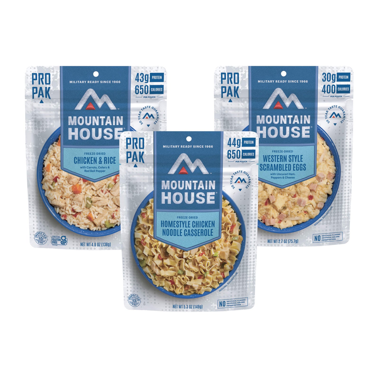Front view of three Mountain House Pro-Paks