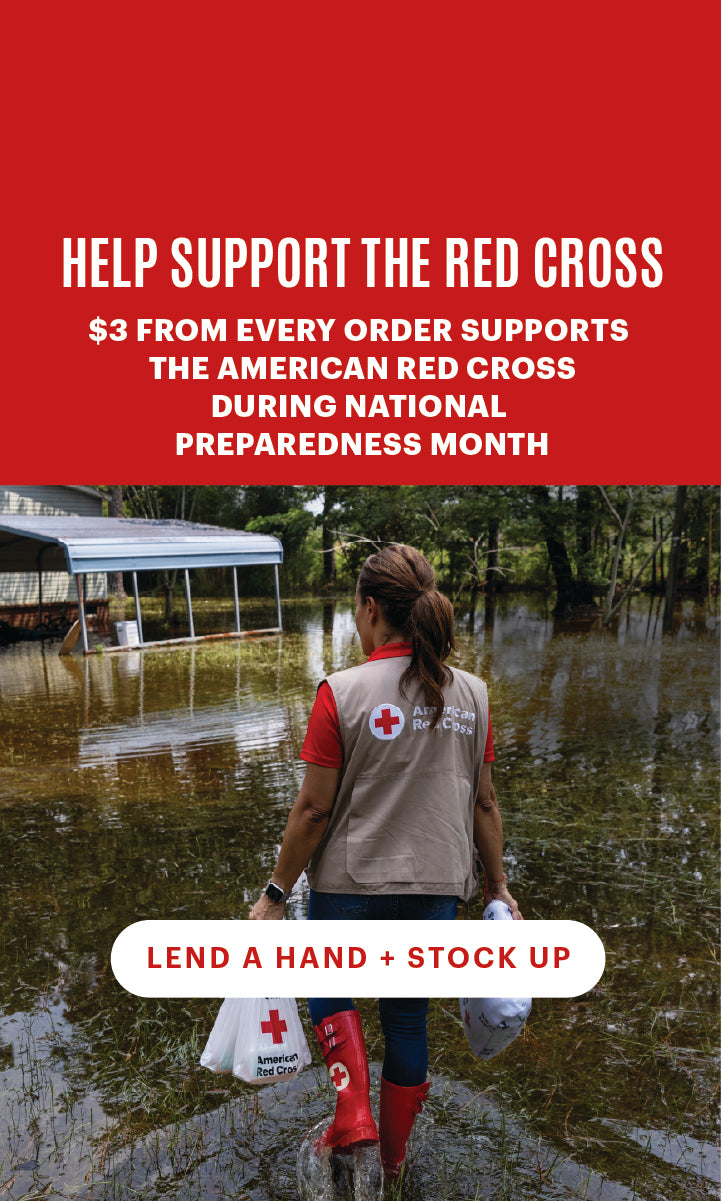 Red Cross volunteer in floodwaters with text that reads, "Help Support The Red Cross. $3 from every order supports The American Red Cross during National Preparedness Month". White button text reads, "Lend a Hand + Stock Up".