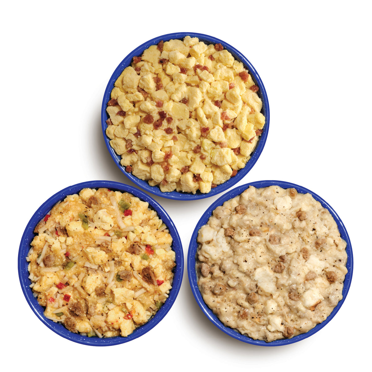 Three blue camping bowls, each filled with Mountain House Scrambled Eggs with Bacon, Breakfast Skillet, and Biscuits & Gravy.