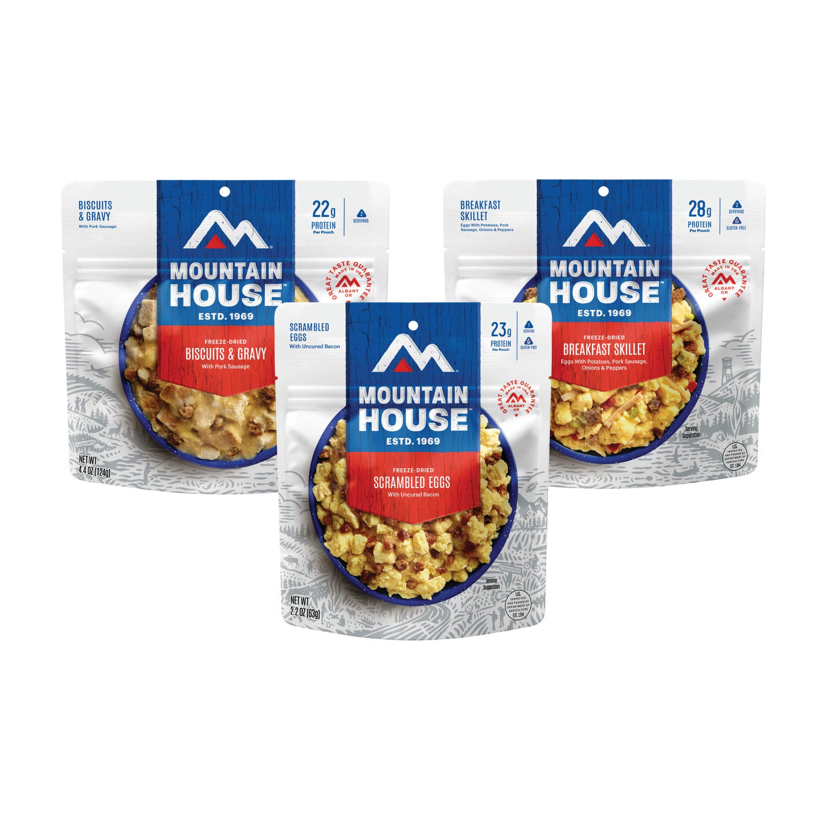 Three Mountain House pouches on a white background