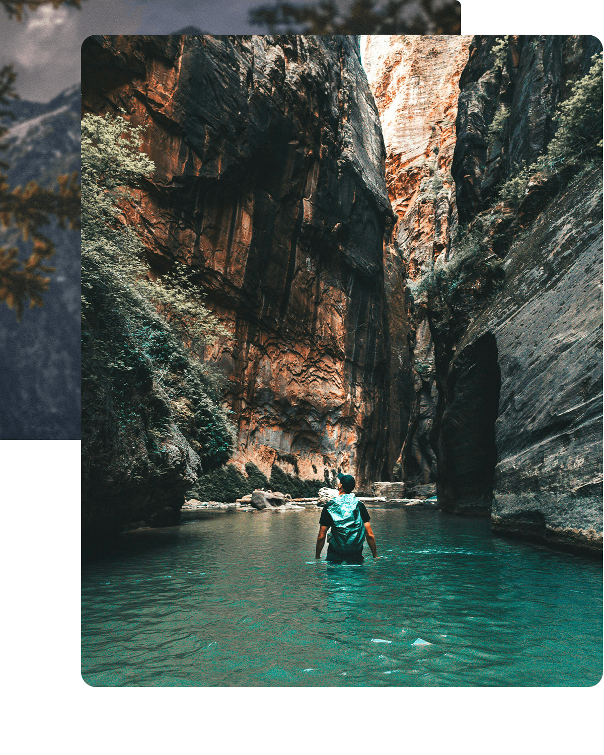 Person backpacking through waist deep water in a canyon.