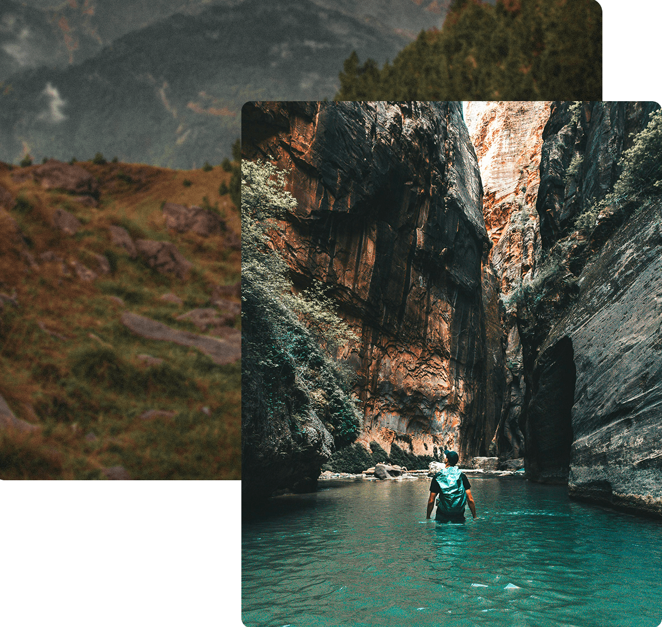 Person backpacking through waist deep water in a canyon.