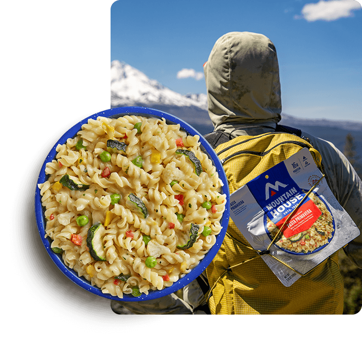 Split image: bowl of pasta with vegetables beside a backpacker carrying a yellow pack and Mountain House Pasta Primavera pouch.