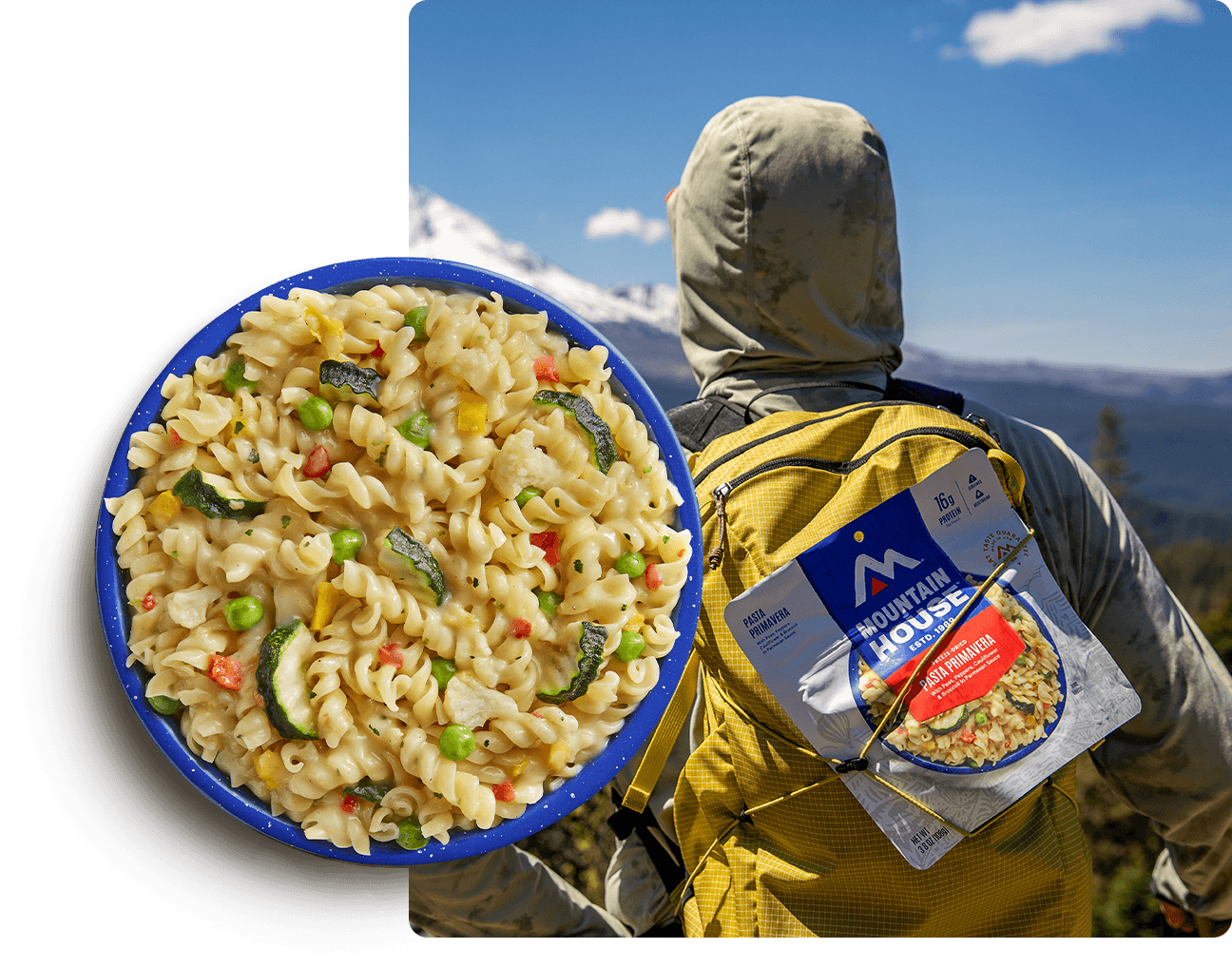 Split image: bowl of pasta with vegetables beside a backpacker carrying a yellow pack and Mountain House Pasta Primavera pouch.