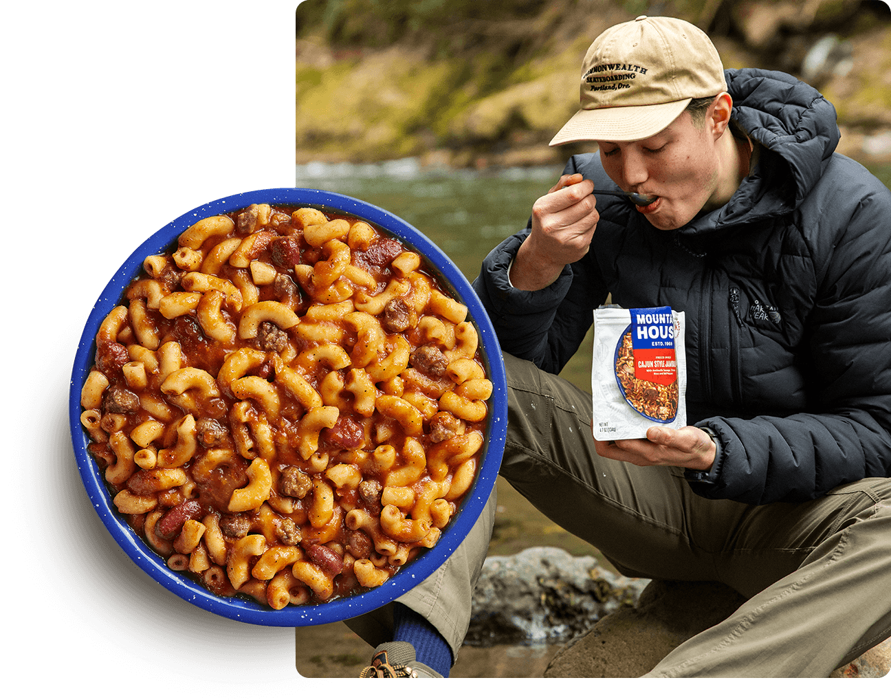 Person enjoying a Mountain House Chili Mac meal beside a river while sitting on a rock, with a bowl of Chili Mac in the foreground.