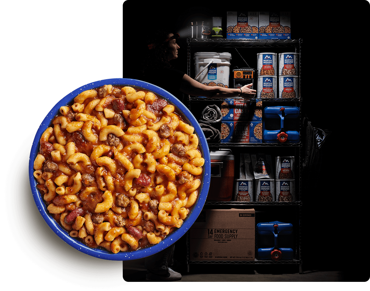 Person wearing a headlamp gathers emergency supplies during a power outage with a bowl of Mountain House Chili Mac in the foreground.