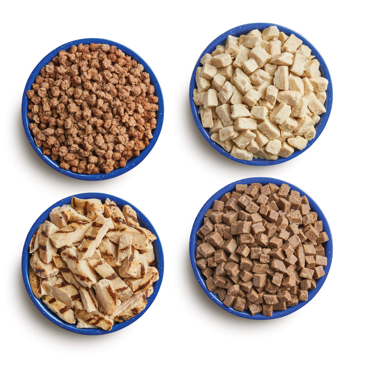 Four blue camping bowls filled with various Mountain House proteins.