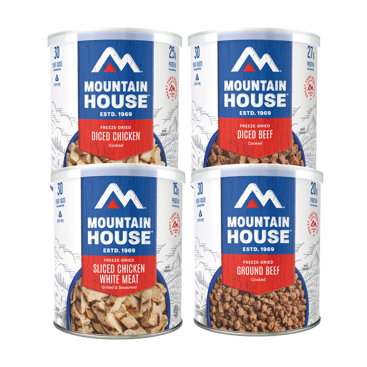 Front view of four #10 Cans of protein.