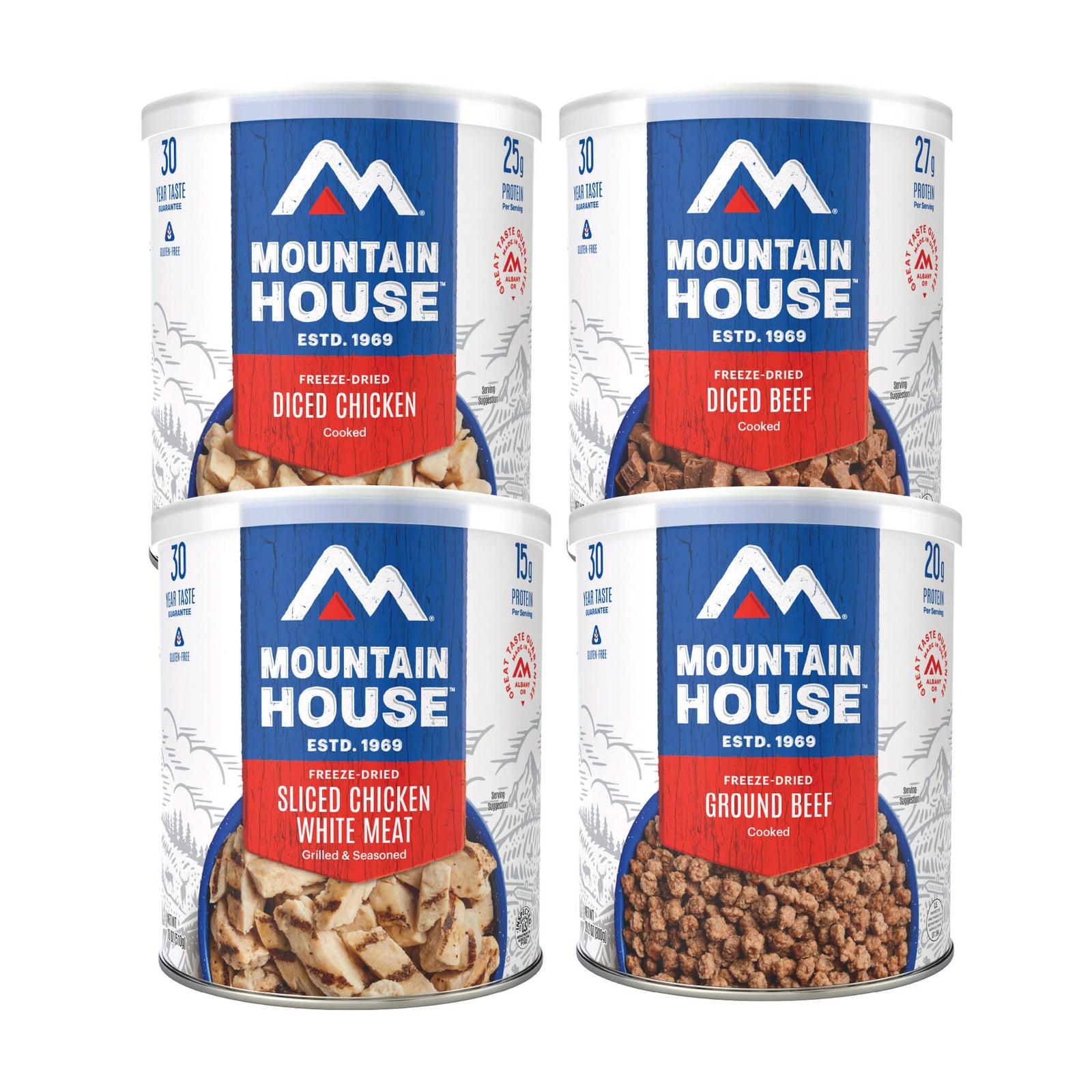 Front view of four #10 Cans of protein.